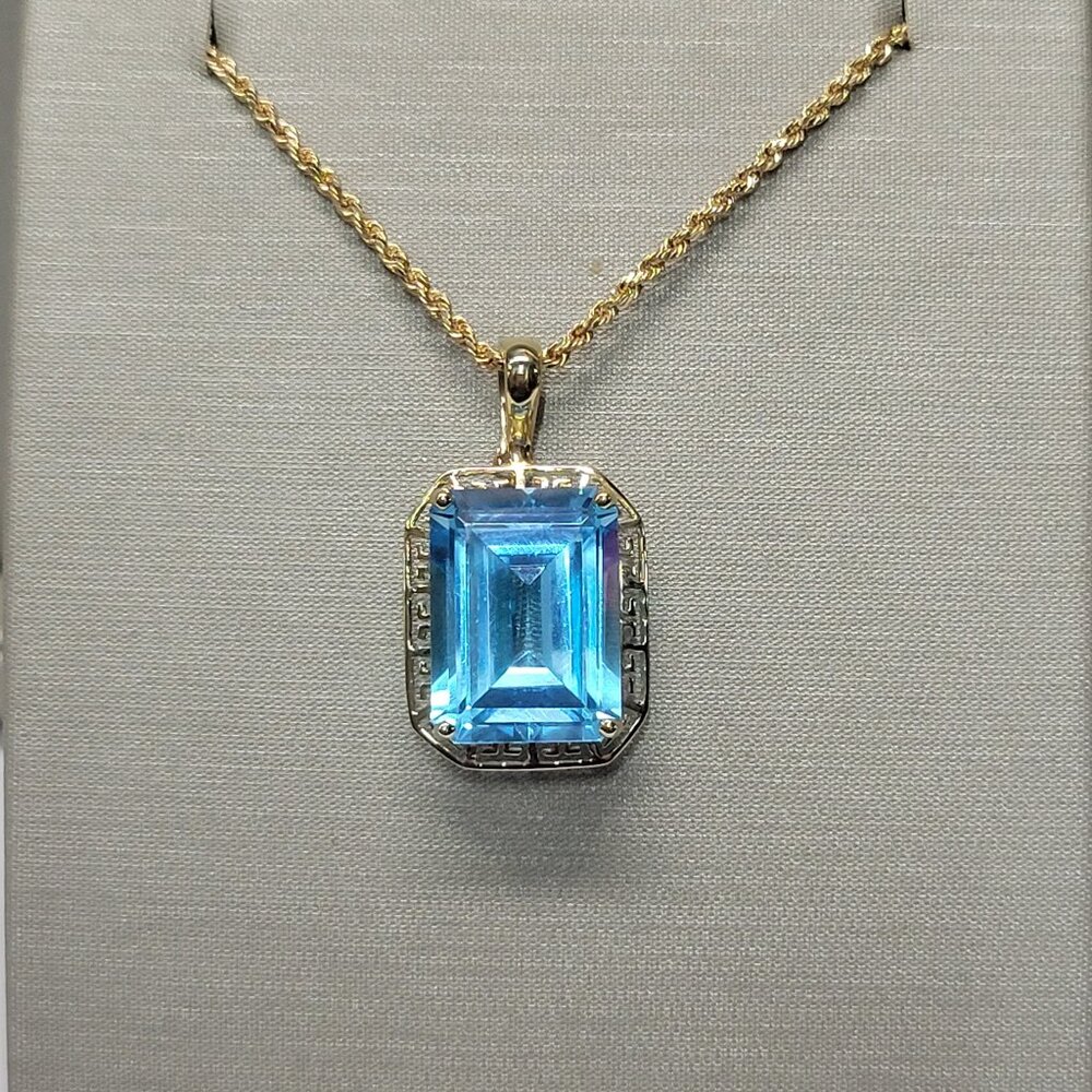 Rectangle Shaped Blue Topaz Gemstone Pendant w/18" Rope Chain-14kt Yellow Gold